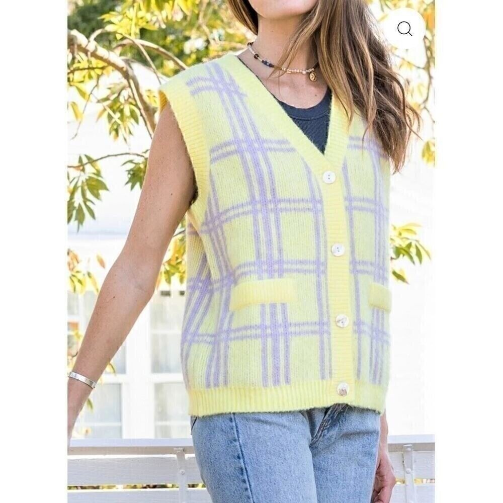 En Creme Plaid Pastel‎ Sweater Vest Small Medium Yellow Purple Preppy Retro 90s